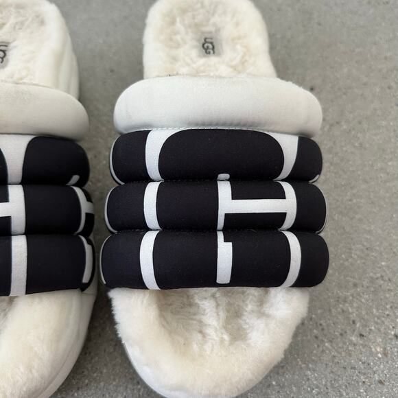 Ugg Maxi Slide Logo Quilted Puff Platform Slipper Sandals Retro White/Black - Picture 4 of 13